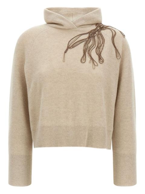 ribbed hooded flower-embroidered sweater