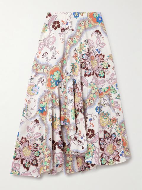 Asymmetric Floral-print Cotton-poplin Midi Skirt