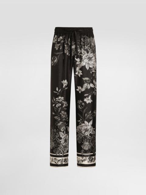 Flower bouquet-print vanity jacquard twill trousers