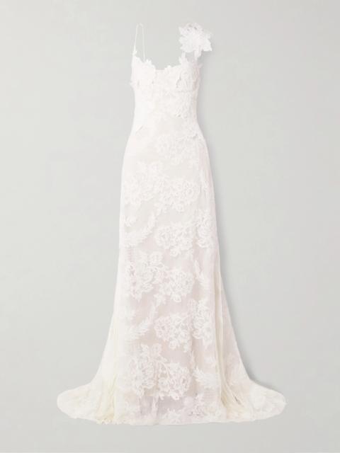 Edie Appliquéd Silk Chiffon-trimmed Cotton-blend Corded Lace Gown