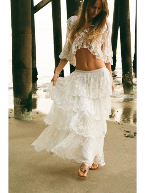 Celesa Embroidered Mesh Tiered Maxi Skirt