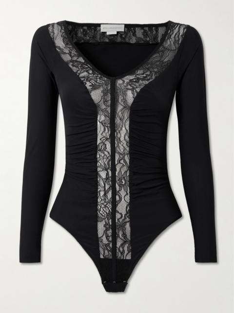 Lace-trimmed Ruched Stretch Recycled-jersey Bodysuit