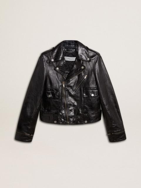 Women's black leather biker jacket with glossy effect