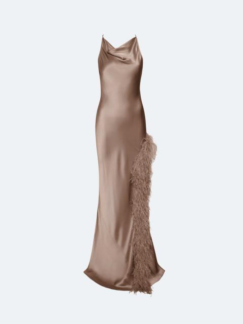Satin Halter Gown With Feathers