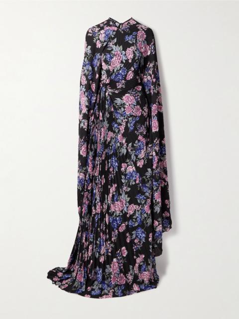 Cape-effect floral-print plissé-crepe gown Black