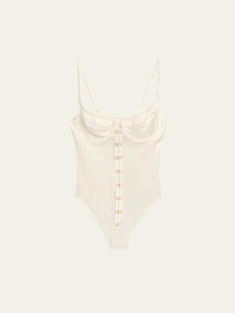 Temptress Silk Charmeuse & Tulle Thong Bodysuit