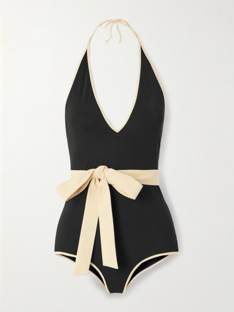 Belted Two-tone Halterneck Swimsuit