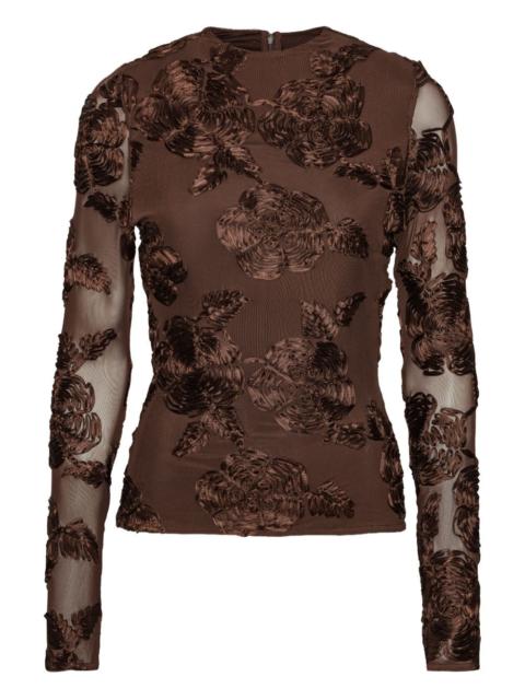 flower-embellishment mesh long-sleeve top