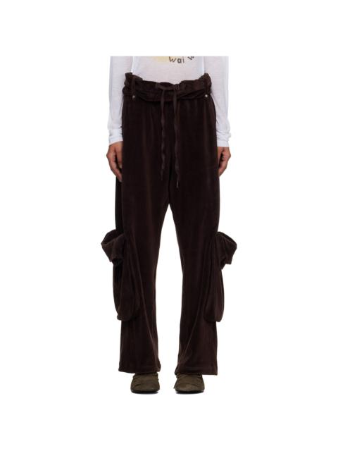 Brown Rolled Waist Velour Cargo Pants