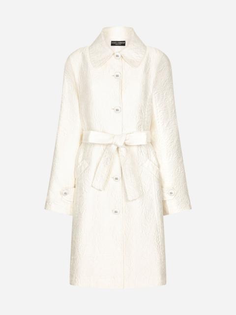 Belted floral jacquard coat