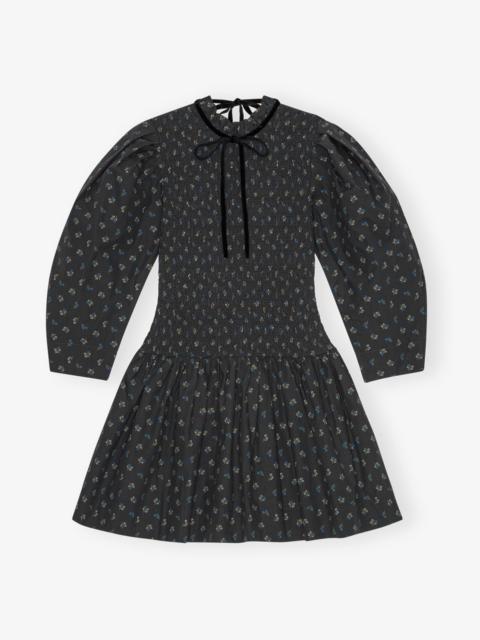 BLACK PRINTED MINI SMOCK DRESS