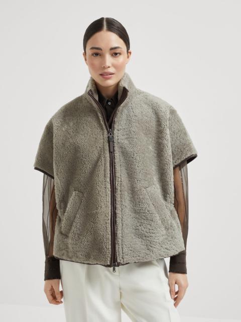 Curly shearling short sleeve outerwear jacket with shiny zipper pull