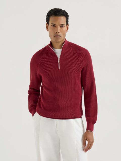 Cotton English rib sweater with half zip and raglan sleeves