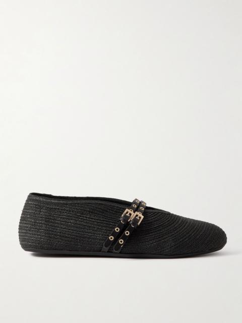 Leather-trimmed raffia ballet flats Black