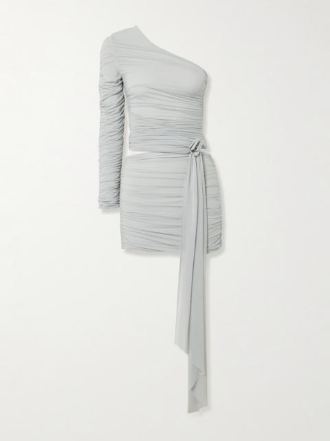 Socarras Appliquéd Ruched Stretch-mesh One-shoulder Top And Mini Skirt Set