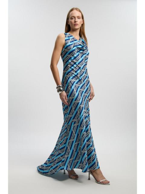 Chain Print Hammered Satin Cowl Neck Dress