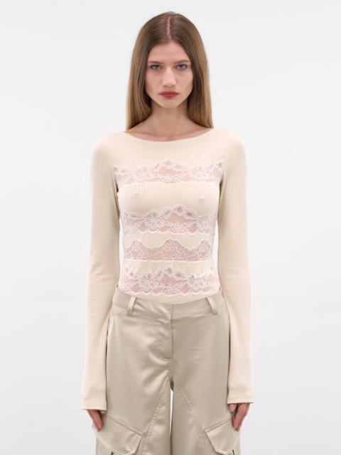 Ecru Paneled Lace Rib-Knit Bodysuit