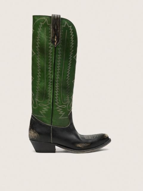 Women's high Wish Star boots in black leather with green leather leg and white embroidery