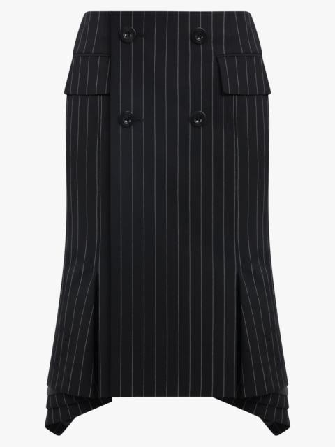 ASYMMETRIC FLARED HEM STRIPE MIDI SKIRT WITH BUTTON DETAIL | BLACK/WHITE