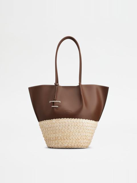 SHOPPING BAG IN STRAW AND LEATHER MEDIUM - BROWN, NATURAL