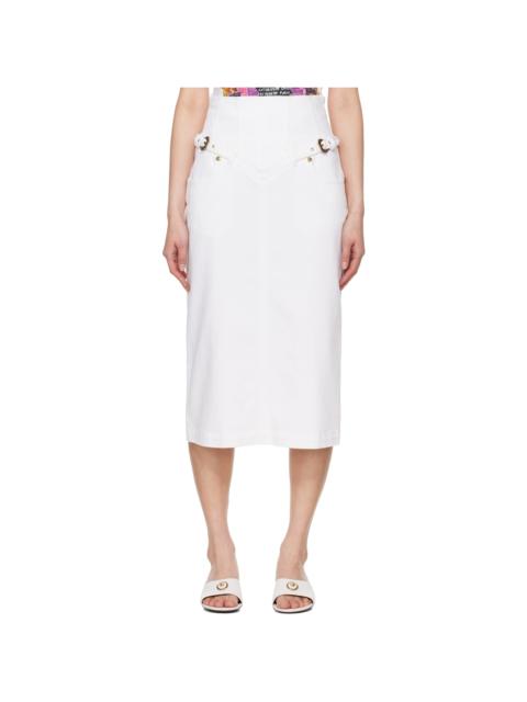 White Baroque Buckle Denim Midi Skirt