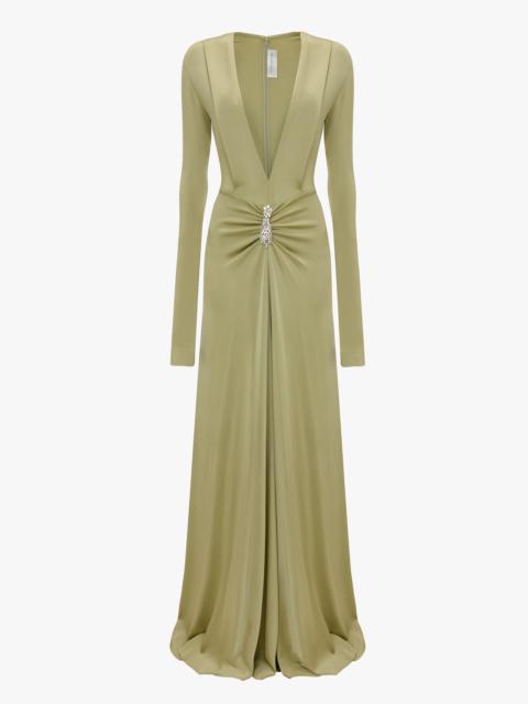 Embellished Long Sleeve Deep V-Neck Gown In Pistachio