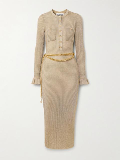 Belted Ruffled Metallic Ribbed-knit Midi Dress