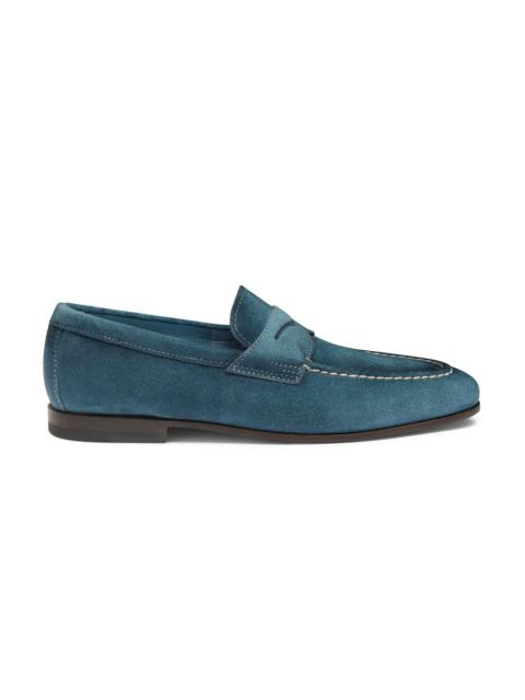Chaussures Homme Santoni Penny Loafer En Daim Patiné Main - Goodyear, Italie, Neuf Avec Boîte