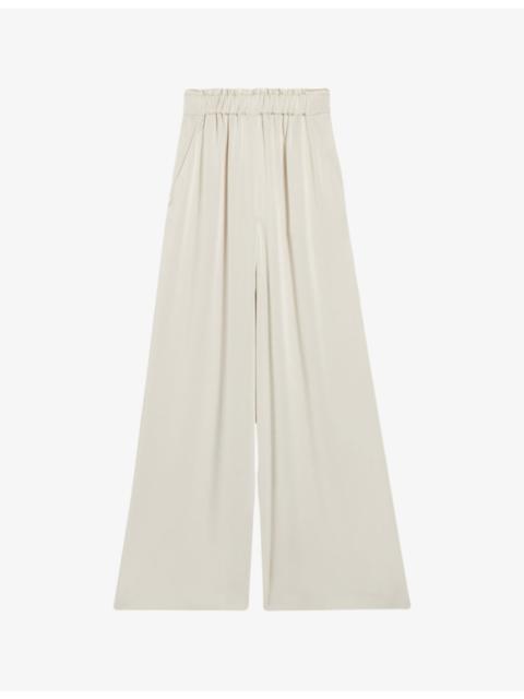 Smocked-waistband wide-leg satin trousers