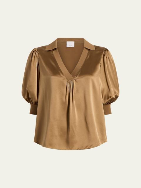 Weldon Collared V-Neck Short-Sleeve Silk Combo Top