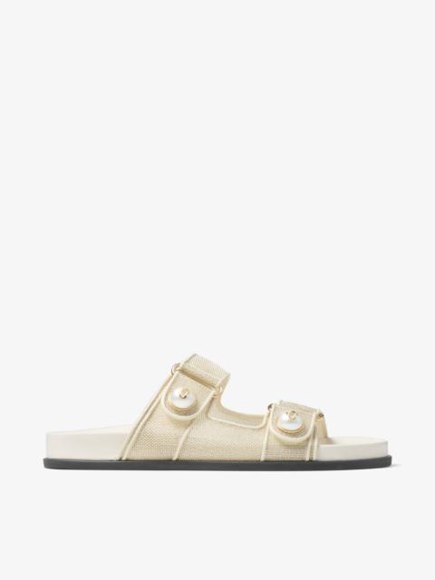 Fayence Sandal
Champagne Metallic Patent Leather Sandals with Pearls