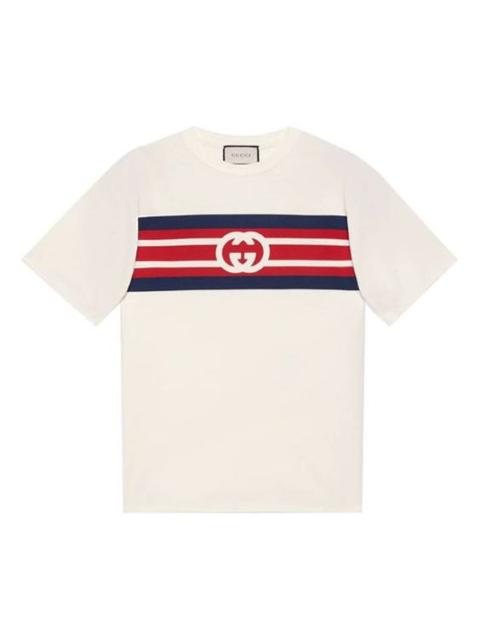 Men's Gucci SS21 Interlock Double G Stripe Printing Short Sleeve Creamy White T-Shirt 616036-XJDAG-9