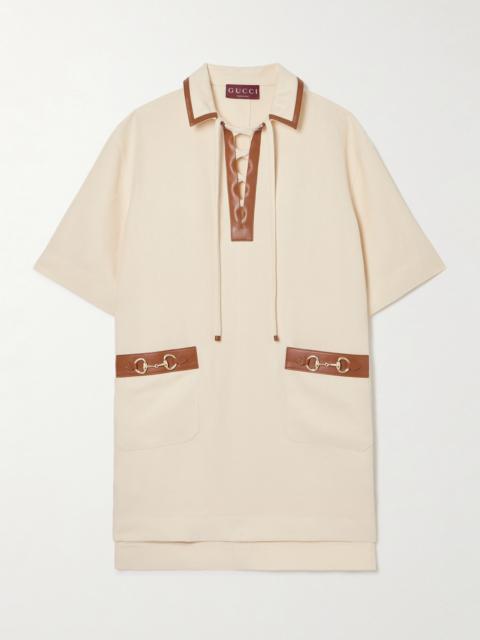 Horsebit-embellished Leather-trimmed Linen Mini Dress