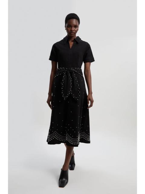 Denim Placed Studs Tie Belted Short Sleeve Full Midi Dress