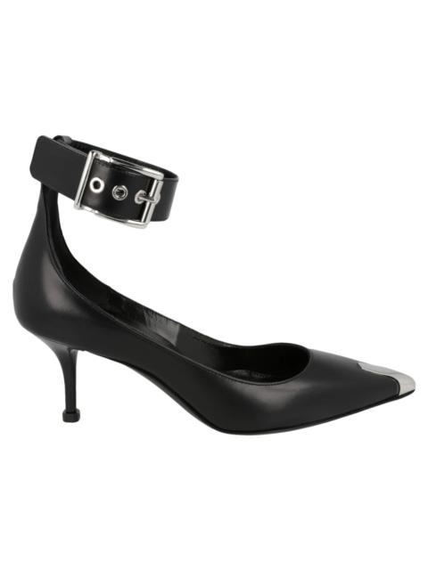 Alexander McQueen Buckle Leather Heels Black Silver (Women's)