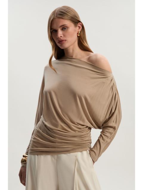 Tencel Ruched Asymmetric Neck Long Sleeve Top