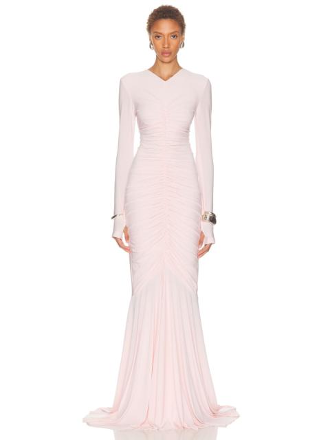 Long Sleeve V Neck Shirred Front Fishtail Gown