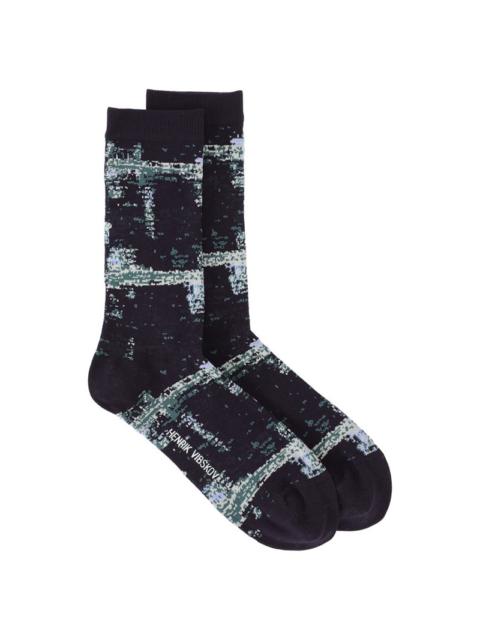 SCREEN TRANSPARENT SOCKS FEMME - BLACK GREEN TRANSPARENT BLUR GRID