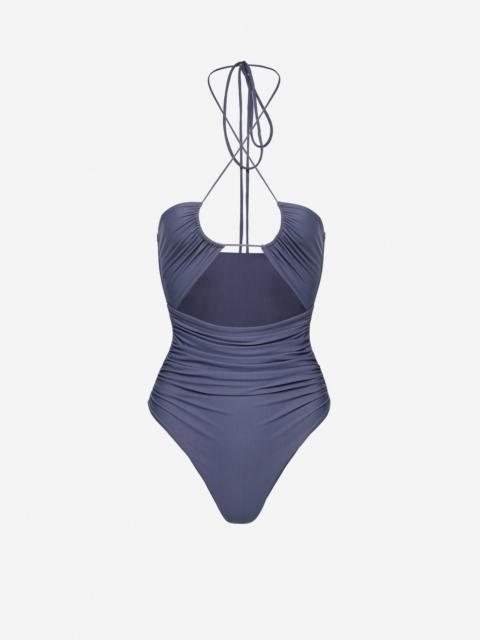 Criss-cross halter swimsuit in metallic blue