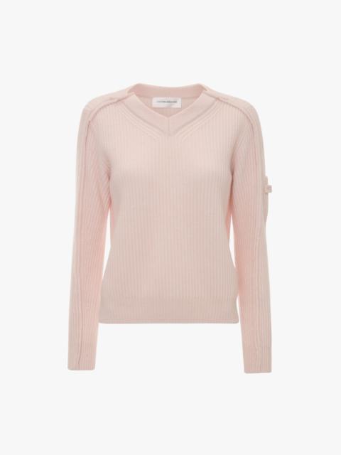 V Neck Knitted Jumper In Pale Peach