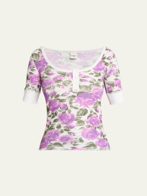 Floral Rib Short-Sleeve Henley Top