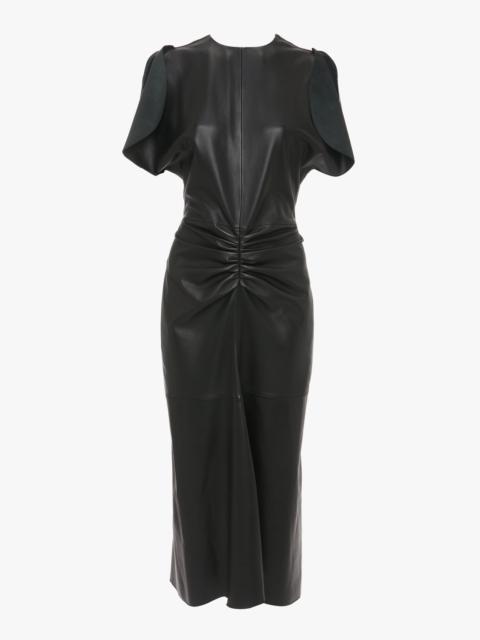 Gathered Waist Midi Dress In Soft Black Leather