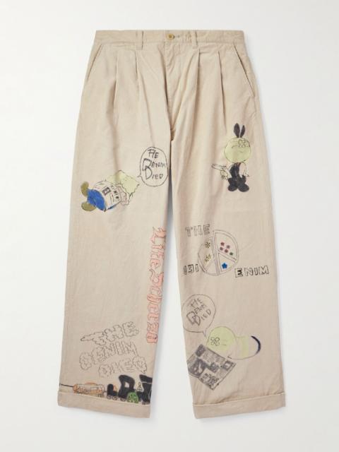 Ivy Wide-Leg Pleated Printed Cotton-Corduroy Trousers Beige