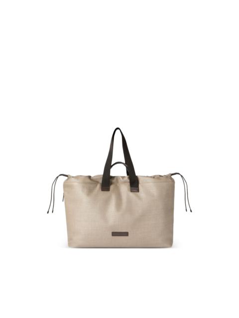 Raffia-effect nylon and leather small leisure bag
