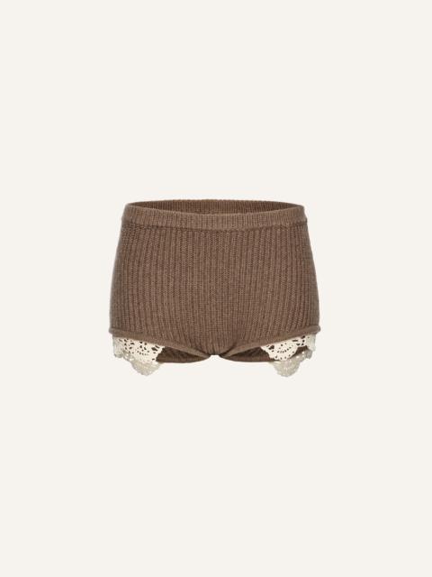 Lace detail ribbed knitwear shorts in beige