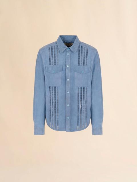 BLUE SUEDE SHIRT WITH CUT-OUT DETAILING