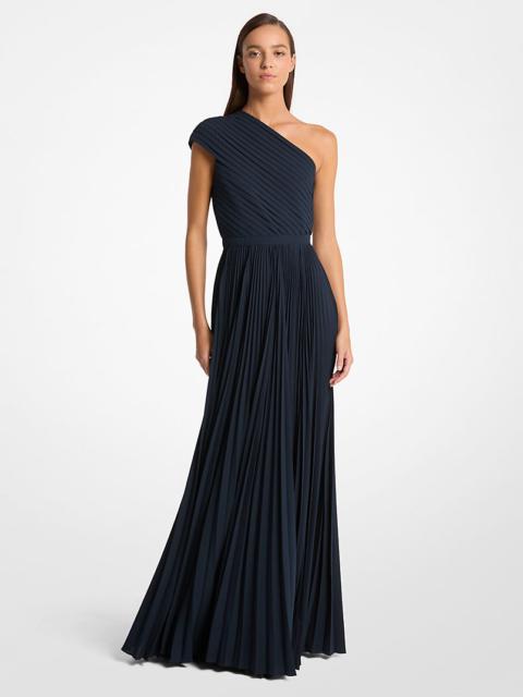 Pleated Georgette One-Shoulder Gown