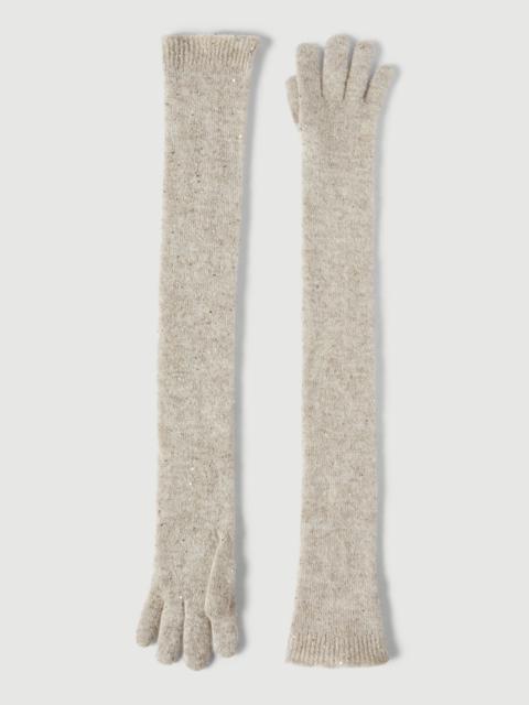 Lace flowers knit long gloves in sparkling mohair and virgin wool