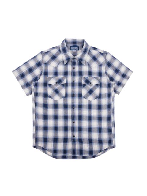 IHSH-418-BLU 5oz Selvedge Madras Check Short Sleeve Western Shirt Blue
