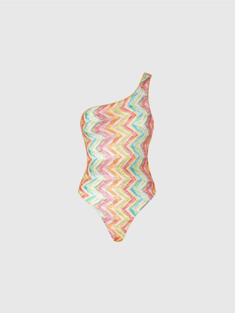 One-shoulder one-piece swimsuit in printed tulle